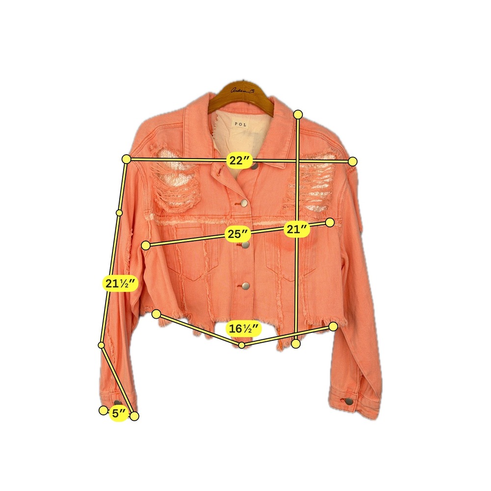 POL Denim Jacket Womens Large Peach Distressed Sequin Love Cropped Frayed - Picture 4 of 8